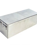 Heavy Duty Lock Box With Folding Handle, Secure Metal Storage Chest for valuables, shown closed, silver, 12 x 4 x 4.75 inches.