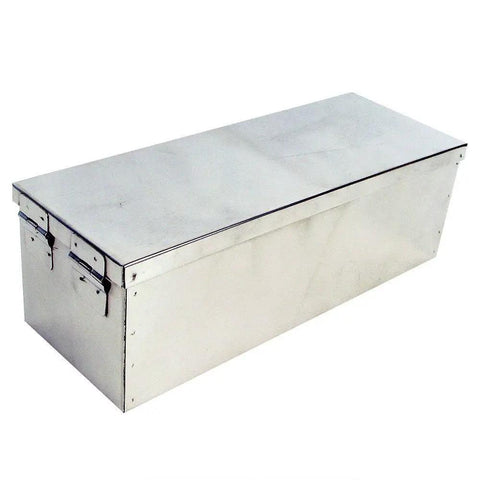 Heavy Duty Lock Box With Folding Handle, Secure Metal Storage Chest for valuables, shown closed, silver, 12 x 4 x 4.75 inches.