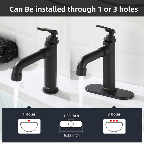 Single Handle Brass Bathroom Sink Faucet One Hole Deck Mount Vanity Basin Mixer Tap Includes Metal Pop Up Drain And Supply Lines RV Ready Commercial Lavatory Matte Black Finish, shown installed in both one-hole and three-hole configurations