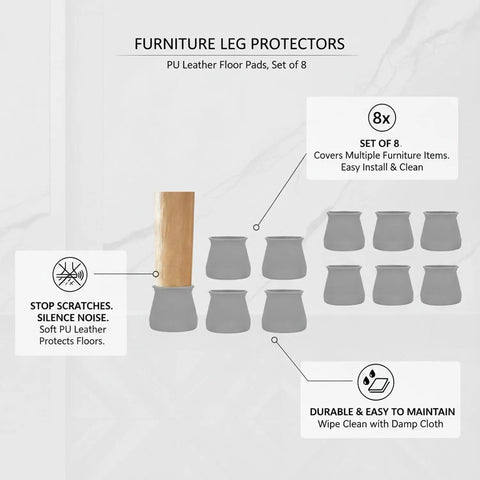 Eight Pack PU Leather Furniture Leg Protectors Designed For Easy Glide Across Hardwood And Tile Surfaces Gray Floor Pads displayed with wood leg.