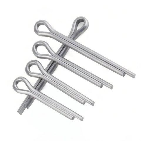 Pro Grade Heavy Duty Cotter Pin Kit With 110 Pieces In Eight Sizes From M2 To M6 And From Five Sixty Fourths Of An Inch To One Quarter Inch For Hitch Pin Locks Trucks Tow Rigs Engine Repairs Clips And Pins - Close-up view of four sizes of silver cotter pins on white background.
