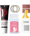 All In One Wall Repair Kit For Large And Small Holes With Drywall Patches And White Paint 3 Pack For Quick DIY Fixes Cracks Stains And Peeling Walls At Home including paint tubes, patches, and tools.