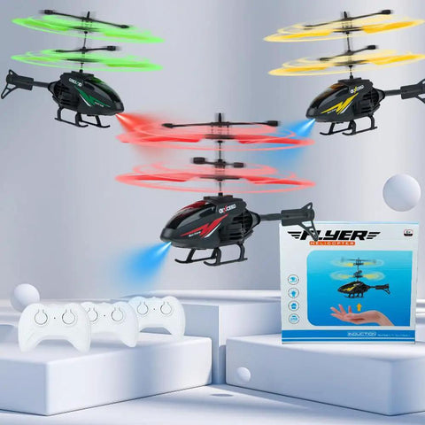 Three Pack Gesture Sensing RC Toys For Kids, Indoor Flying Helicopters And Airplanes With Lights, Box and Controllers