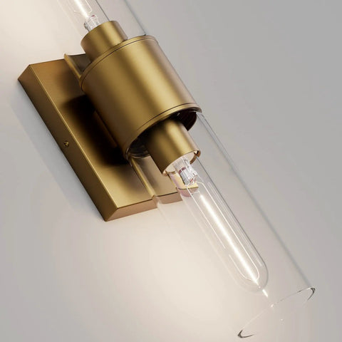 Stylish Modern 2 Light Vanity Light Fixture In Matte Gold With Clear Glass Up And Down Wall Sconces For Bathroom Bedroom Hallway And Kitchen Bulbs Not Included, close-up view of bulb detail and mounting plate