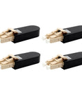 Four Multimode LC Loopback Fiber Optic Adapters with Durable PEI Shell and Ceramic Sleeve on white background.