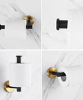 Get Your Hands On This Black And Gold Bathroom Hardware Set That Comes With Two Toilet Paper Holders on a marble wall