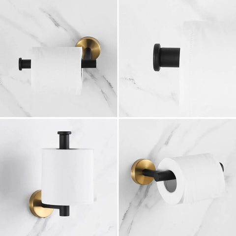 Get Your Hands On This Black And Gold Bathroom Hardware Set That Comes With Two Toilet Paper Holders on a marble wall