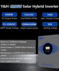 Hybrid Solar Inverter 4200W Power Up Dual 12V To 24V Output Pure Sine Wave Off Grid Home And RV Backup Power MPPT 100A Built In BMS RS485 4000W PV Input shown with specifications.