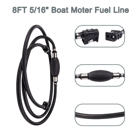 8 Ft Boat Fuel Line With Primer Bulb Connector For Outboard Motor 5 Sixteenth Inch Hose Replacement 2 Stroke 75-115 HP And 4 Stroke 40-75 HP With Quick Connect Fittings, showing coiled hose and connectors