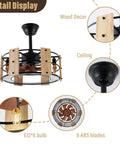 Caged Ceiling Fan With Lights Remote Control 18 Inch Low Profile Flush Mount Farmhouse Fandelier black metal cage detail