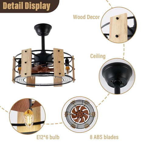 Caged Ceiling Fan With Lights Remote Control 18 Inch Low Profile Flush Mount Farmhouse Fandelier black metal cage detail