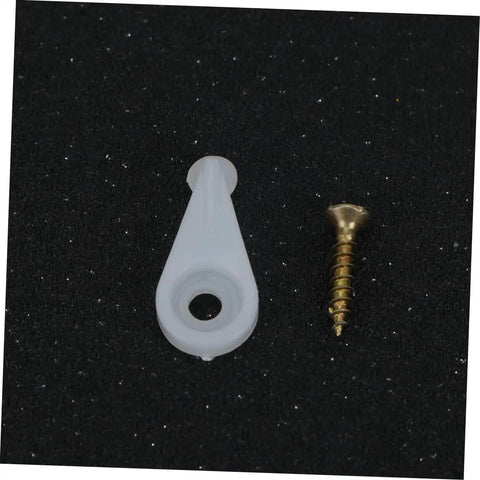 Close-up of a white glass holder clip and gold screw. 20 Pack Glass Holder Clips For Cabinet Doors And Mirrors With Quick Fix Screws And Rock Solid Clamp Hinges For Closet Glass Panels Durable Mirror Clips For Easy Mounting And Secure Attachment.