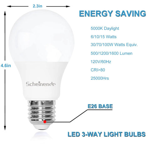 Three Way LED A19 Light Bulbs With 30W 70W 100W Equivalents Crisp Daylight 5000K E26 Base Indoor Use Energy Efficient Diagram