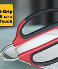 Stainless Steel Scissor Tongs Set With 10 Inch And 12 Inch Tongs, 2 Piece Kitchen Tool For Pro Grade Cooking, Grilling, Food Prep, And Serving, Heavy Duty 304 Stainless Steel, Dishwasher Safe, Rust Resistant. Close-up of red and black comfort-grip handles