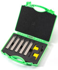 Top Shelf Mini Indexable Lathe Turning Tool Set With Half Inch Nickel Plated Shank Holders Plus Razor Sharp Carbide Insert Blades displayed in green case.
