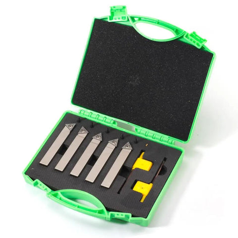 Top Shelf Mini Indexable Lathe Turning Tool Set With Half Inch Nickel Plated Shank Holders Plus Razor Sharp Carbide Insert Blades displayed in green case.