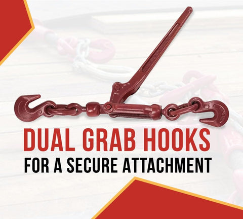 Lever Style Snap Chain Binders For Flatbed Truck Trailers 5/16-3/8 G70 Chain, beefy forged steel dual grab hooks, red finished