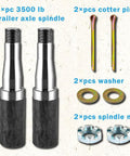 RigsNParts trailer idler hub kit: two steel trailer axle spindles with cotter pins, washers, and spindle nuts