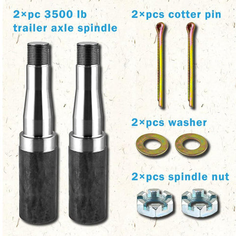 RigsNParts trailer idler hub kit: two steel trailer axle spindles with cotter pins, washers, and spindle nuts