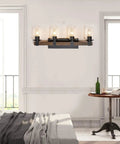 Farmhouse Rustic Vanity Light Over Mirror 4 Light Industrial Wall Sconce With Clear Glass Shades arranged in a bedroom setting