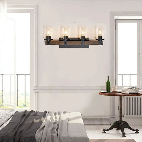 Farmhouse Rustic Vanity Light Over Mirror 4 Light Industrial Wall Sconce With Clear Glass Shades arranged in a bedroom setting