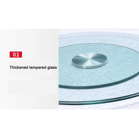 Close-up of Large Transparent Round Lazy Susan Turntable showing thickened tempered glass surface with aluminum center