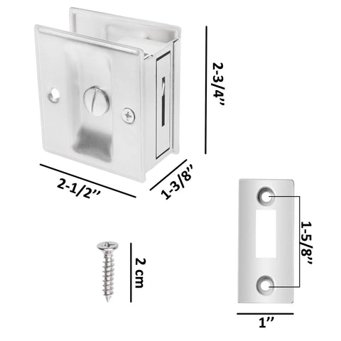 Slick Brushed Nickel Pocket Sliding Door Lock And Privacy Pull Handle With Reversible Latch Hardware Kit dimensions 2-3/4" x 2-1/2" x 1-3/8".