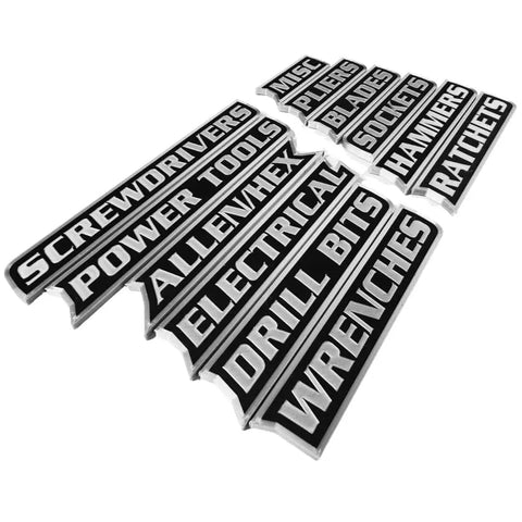 12-piece Magnetic Toolbox Label Set With 12 Prelabeled Organizers Silver Edition for drawers and toolboxes shown with various labels
