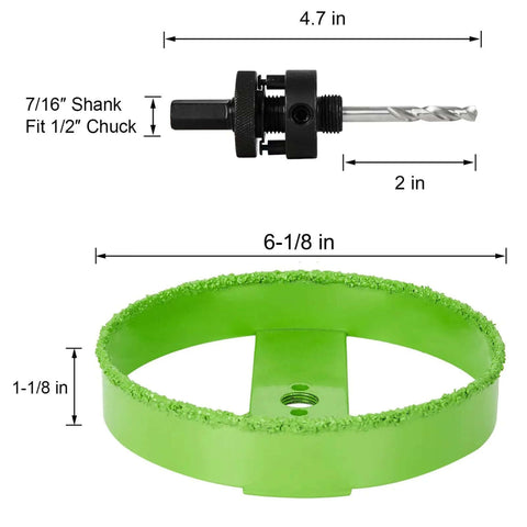HLOFIZI carbide hole saw with arbor for 6-1/8 in drywall ceiling cuts; green cutter ring