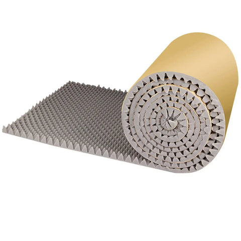 Slick Self Adhesive Acoustic Foam Panels 2Cm Thick Sound Dampening Wall Tiles rolled up and laid flat, ideal for echo reduction.