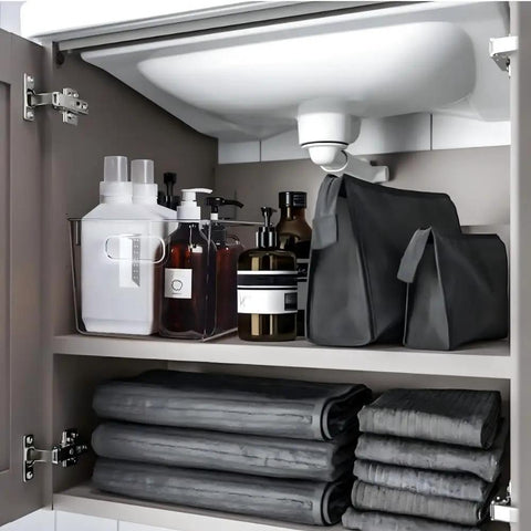 Set Of 8 Clear Stackable Plastic Storage Bins With Four Large And Four Small Containers For Pantry Kitchen Refrigerator Cabinet Organization, clear bins storing items under a sink.