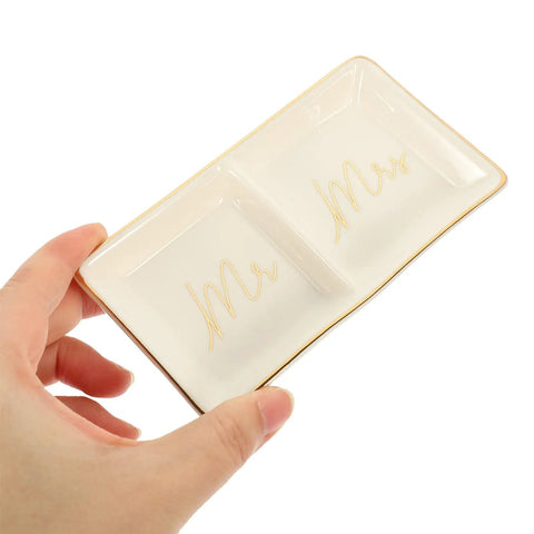 Slick Ceramic Jewelry Tray Featuring A Double Grid Ring Holder And Classy Gold Trim Trinket Dish For Your Nightstand Vibe And Staple Small Daily Organizer with "Mr" and "Mrs" script.