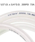 Close-up of Half Inch ID And Three Quarter Inch OD Ten Foot High Pressure Braided Clear PVC Vinyl Tubing Heavy Duty Reinforced Hose