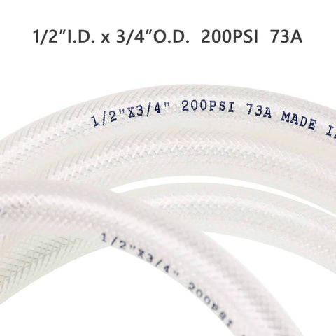 Close-up of Half Inch ID And Three Quarter Inch OD Ten Foot High Pressure Braided Clear PVC Vinyl Tubing Heavy Duty Reinforced Hose