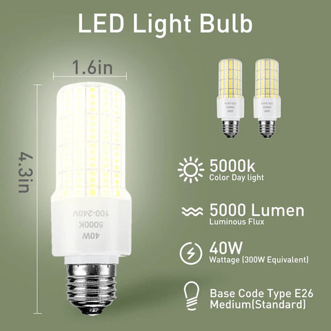 Two Pack 40W LED Light Bulbs With Crazy Bright 5000 Lumens 5000K Daylight White E26/E27 Base 300W Equivalent Energy Saving