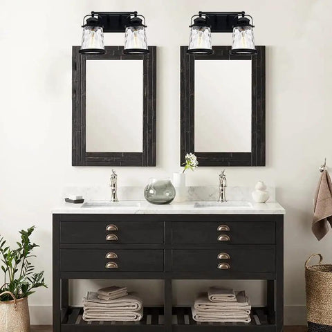 Matte Black Two Light Vanity Lights For Bathroom Farmhouse Rustic Over Mirror Sconces With Hammered Glass Shades