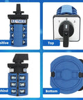 63A Rotary Change Over Switch With Copper Cable Connector 660V; front, top, rear, and bottom views of three-position cam switch