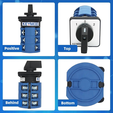 63A Rotary Change Over Switch With Copper Cable Connector 660V; front, top, rear, and bottom views of three-position cam switch