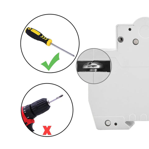 Side view of DC Miniature Circuit Breaker 2-Pole 40 Amp Non-Polarized Type B 12V-110V DC MCB with screwdriver and drill icons.