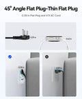 Compact Travel Power Strip With Four AC Outlets And A Four Foot Wrap Around Cord shown with 45° flat plug and measurements.
