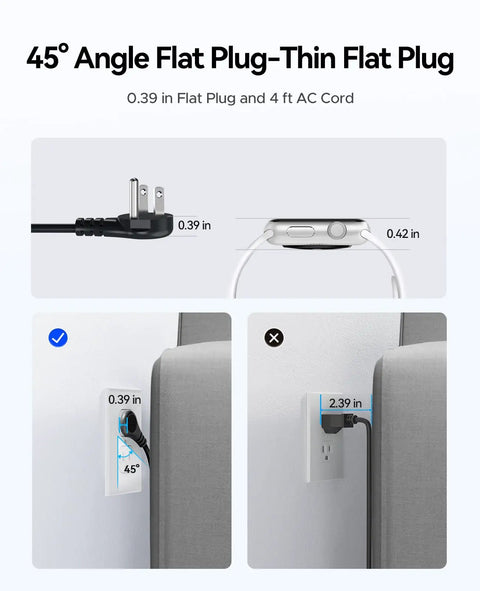 Compact Travel Power Strip With Four AC Outlets And A Four Foot Wrap Around Cord shown with 45° flat plug and measurements.