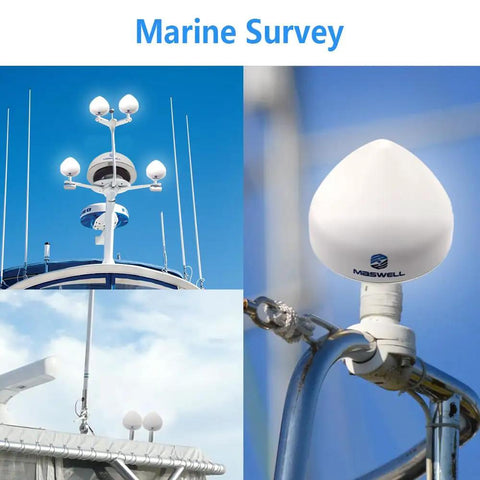 All-In-One GNSS Navigation Antenna for Vehicles, Marine, and Drones installed on a boat's structure for marine surveying.