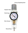 Front view of Pro Grade 1/4 Inch NPT Air Filter Regulator Combo Piggyback With 5 Micron Brass Element Poly Bowl Semi Auto Drain and gauge.