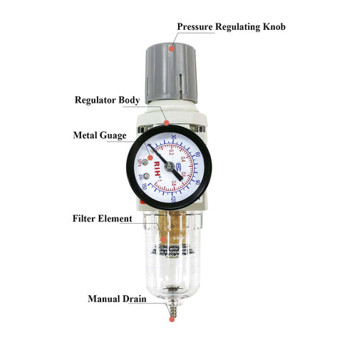 Front view of Pro Grade 1/4 Inch NPT Air Filter Regulator Combo Piggyback With 5 Micron Brass Element Poly Bowl Semi Auto Drain and gauge.