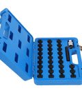 Premium Wheel Lock Nut Key Disassembly Tool Kit For Mercedes Benz 32 Piece Heavy Duty Removal Set With Carrying Case Easy Grip Design To Save Your Rims open blue case with 32-piece wheel lock nut removal bits and adapter