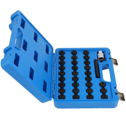 Premium Wheel Lock Nut Key Disassembly Tool Kit For Mercedes Benz 32 Piece Heavy Duty Removal Set With Carrying Case Easy Grip Design To Save Your Rims open blue case with 32-piece wheel lock nut removal bits and adapter