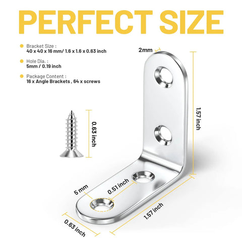 Stainless Steel L Bracket Set For Shelves 16 Pieces With 64 Screws 40mm By 40mm 90 Degree Right Angle Corner Braces