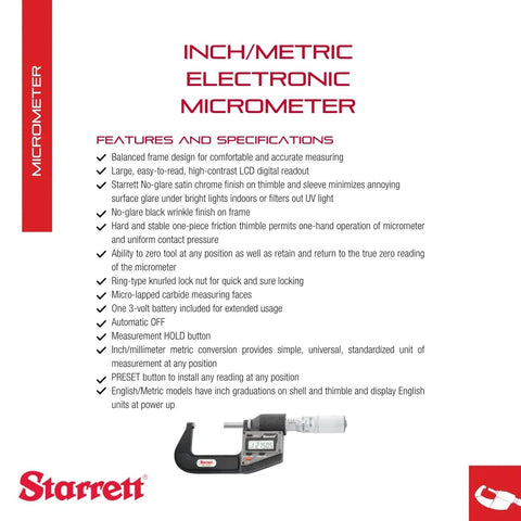 Electronic Inch And Metric Micrometer With Easy LCD Readout, One Piece Friction Thimble, Satin Chrome Finish, Features Overview