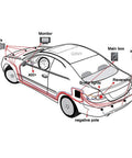 Diagram illustrating the installation of a Backup Parking Sensor System For Your Ride With Front And Rear Sensors, LCD Display, Distance Detection, And Audible Warnings, 6 Sensor Kit For Easy Backing Up And Solid Parking on a car.