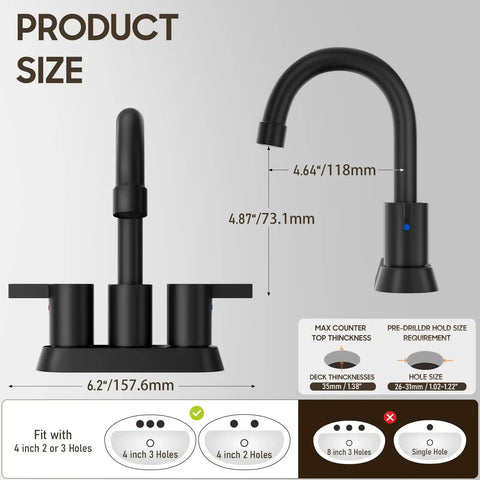 Matte Black 4 Inch Centerset Two Handle Bathroom Faucet With 360 Degree Swivel Spout For Two Or Three Hole Vanities No Fuss Lead Free Modern RV Ready Vanity Sink Faucet With Pop Up Drain And Water Supply Lines dimensions